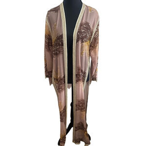 Vintage 70s Sheer Chiffon Kimono Robe | Boho Duster Jacket with Beaded Trim